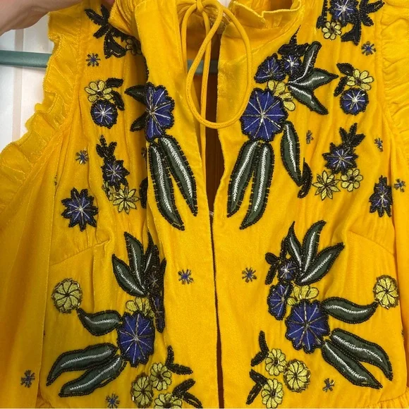 Anthropology Frock & Frill yellow velvet cold-shoulder dress w floral embroidery - Picture 9 of 15